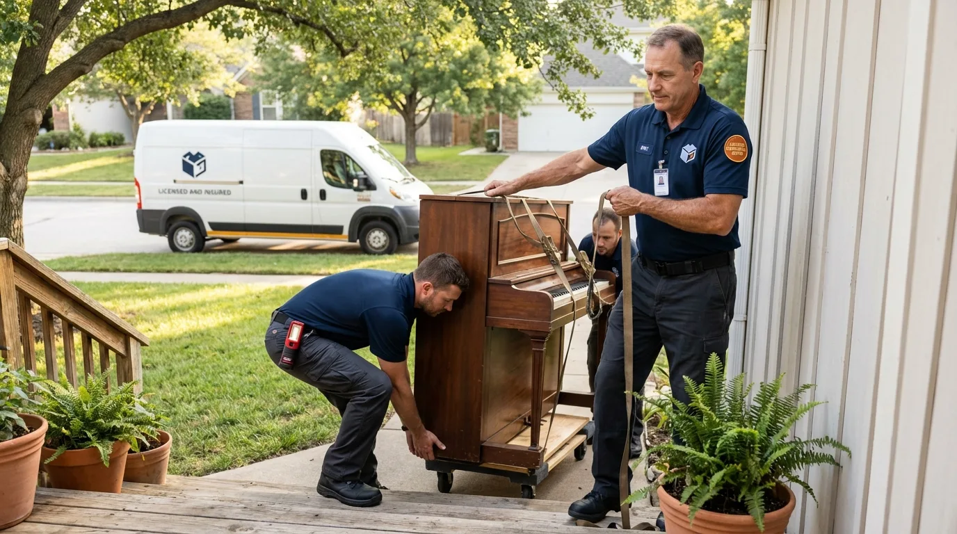 Licensed piano movers securing grand piano in Paragould, AR
