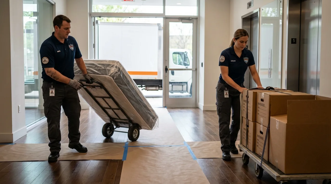 Professional apartment movers loading elevator in Paragould, AR